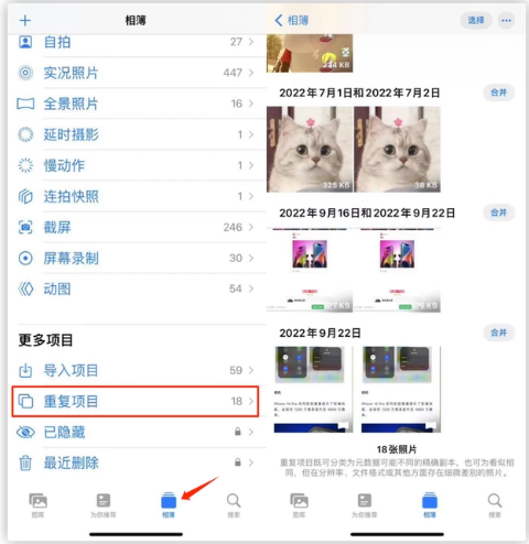 铜梁苹果手机维修分享iOS 16 中相册重复项目功能使用方法 