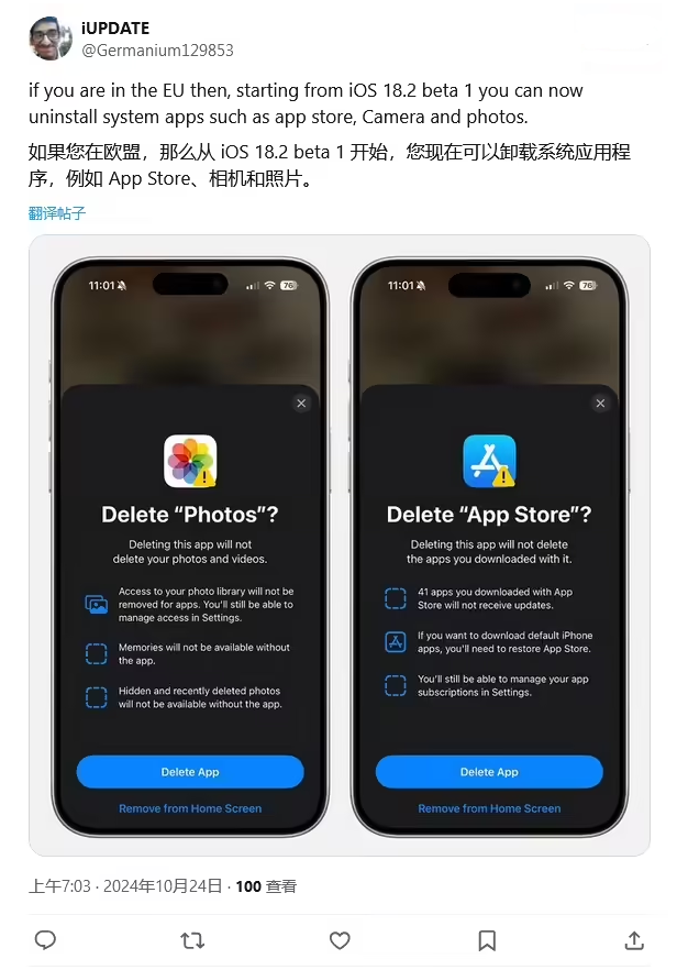 铜梁苹果手机维修分享iOS 18.2 支持删除 App Store 应用商店 