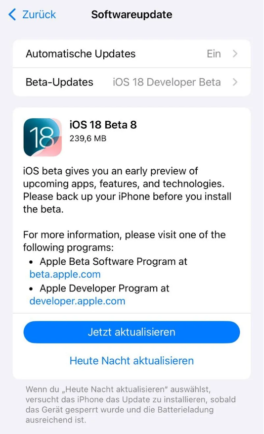 铜梁苹果手机维修分享苹果 iOS / iPadOS 18 开发者预览版 Beta 8 发布 